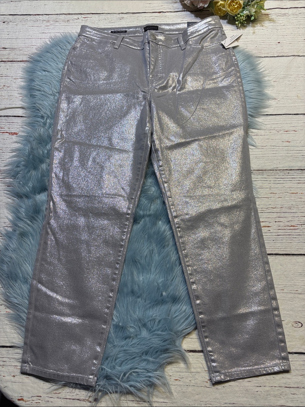 NWT Talbots Shimmering Silver Slim Ankle Jeans sz 14P